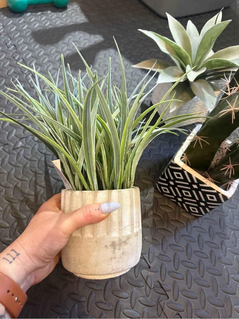 Handcrafted Cream Ceramic Planter with Green Faux Grass